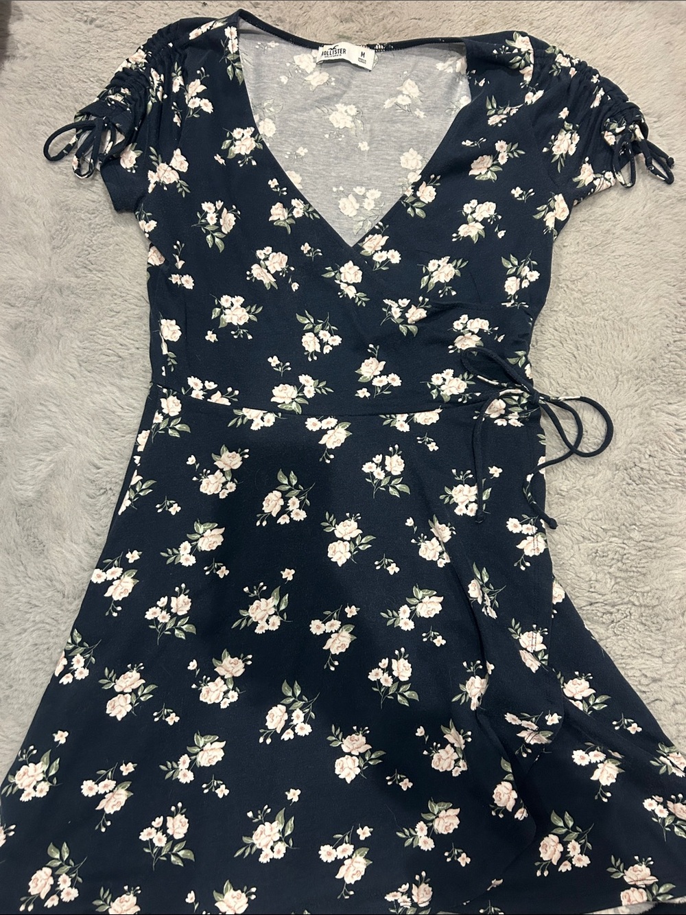 Hollister Black Floral Wrap Dress with Cream Blooms